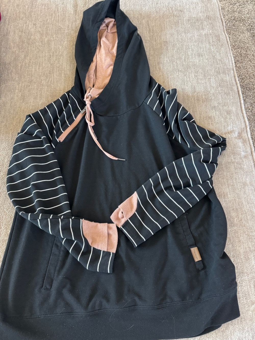 Maurices Black Hoodie with tan Accents and Striped Sleeves